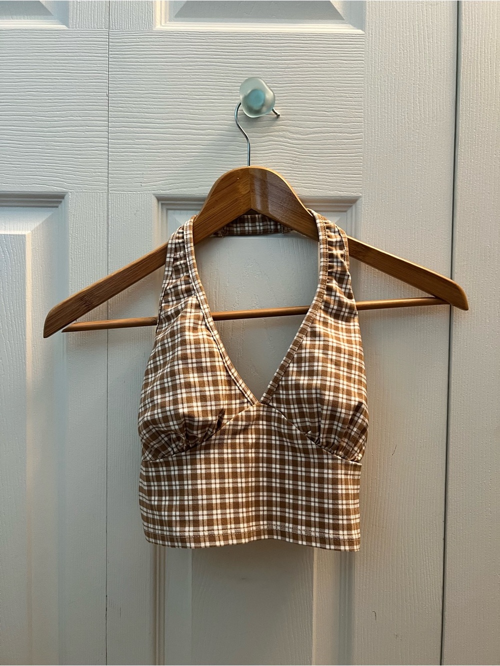 Tan + white checked halter top